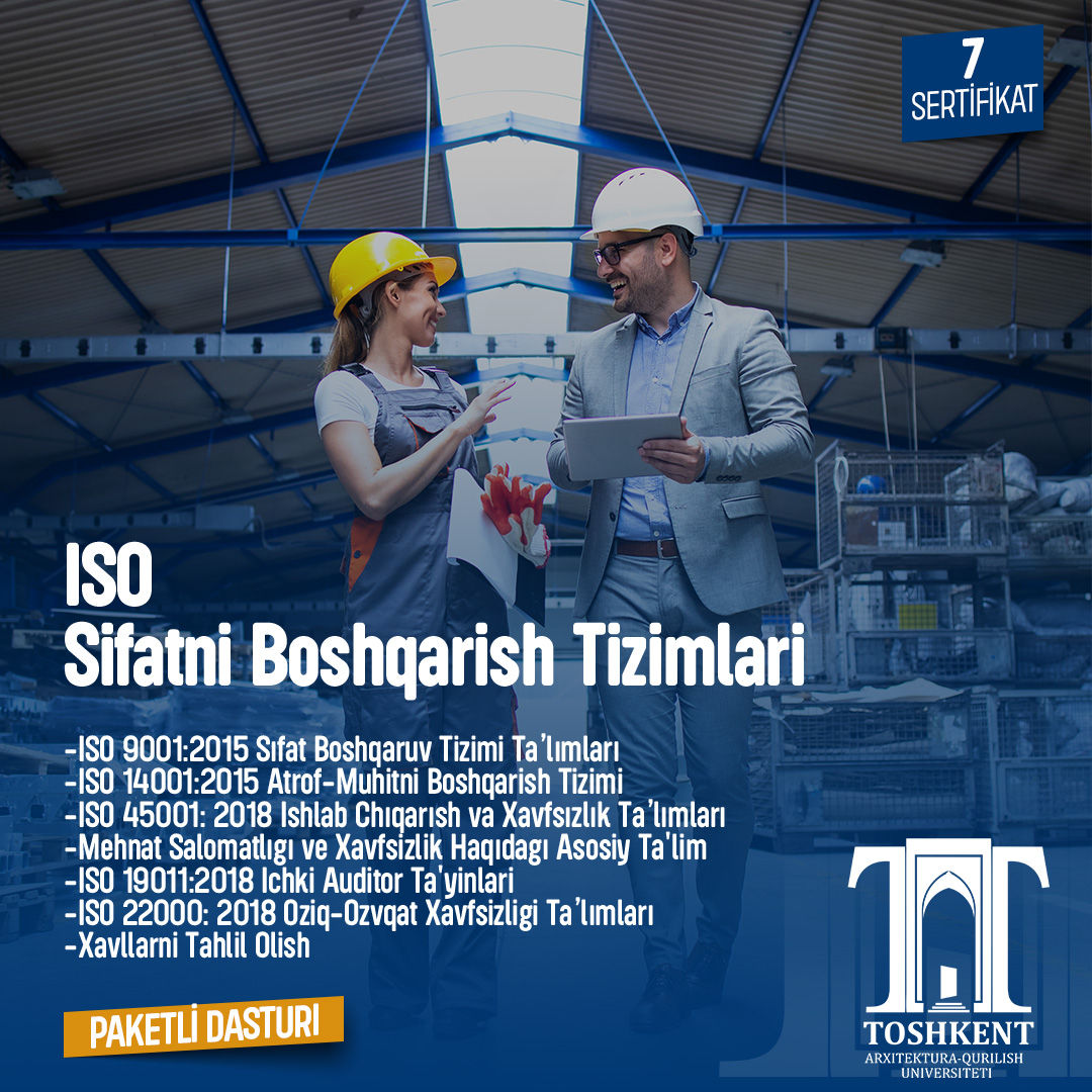 ISO Sertifikatlari (7 parcha) Sifat Menejmenti Tizimi Bo'yicha Treninglar